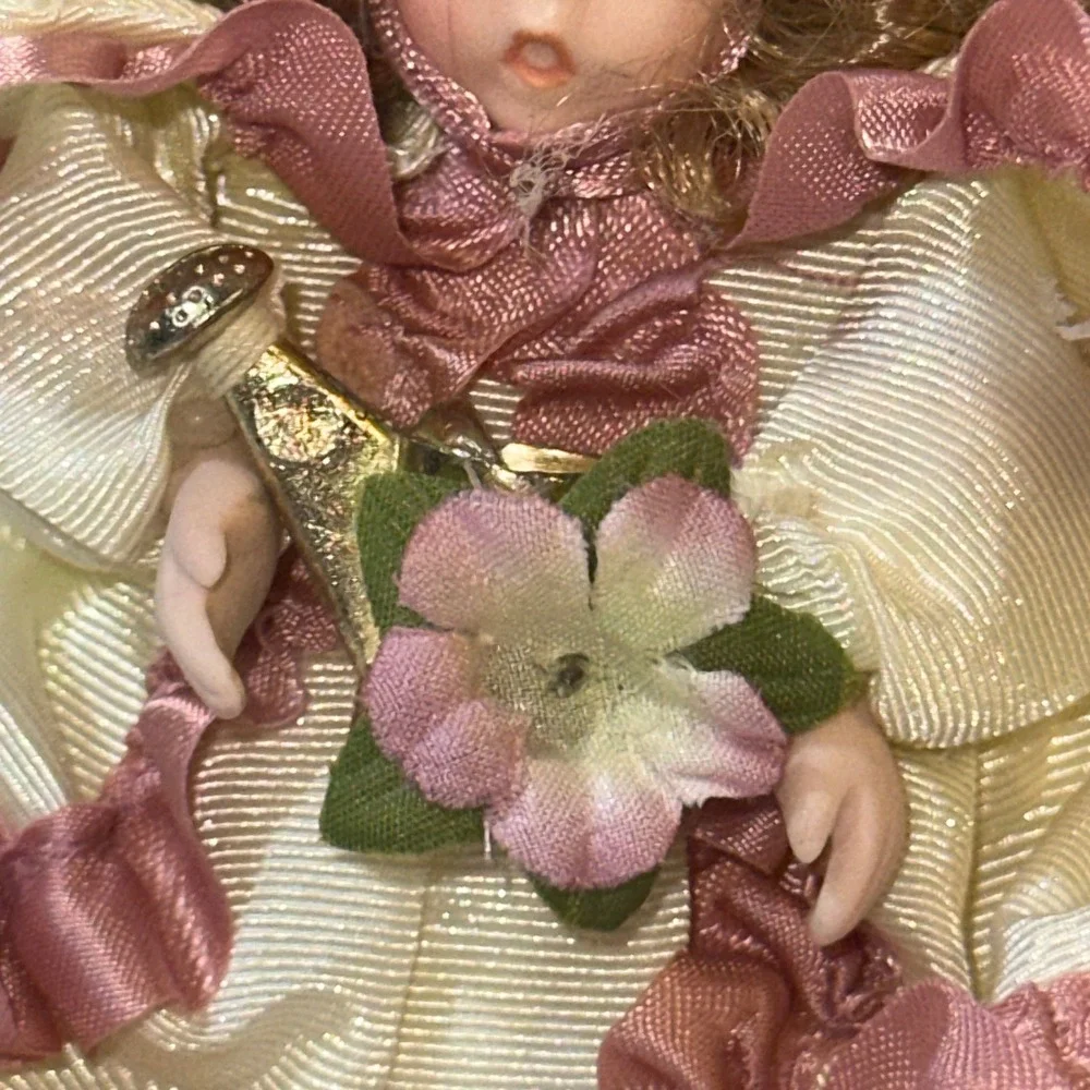 Vintage Porcelain Bisque Doll Ornament Victorian Style Pink Cream Lace Ruffles